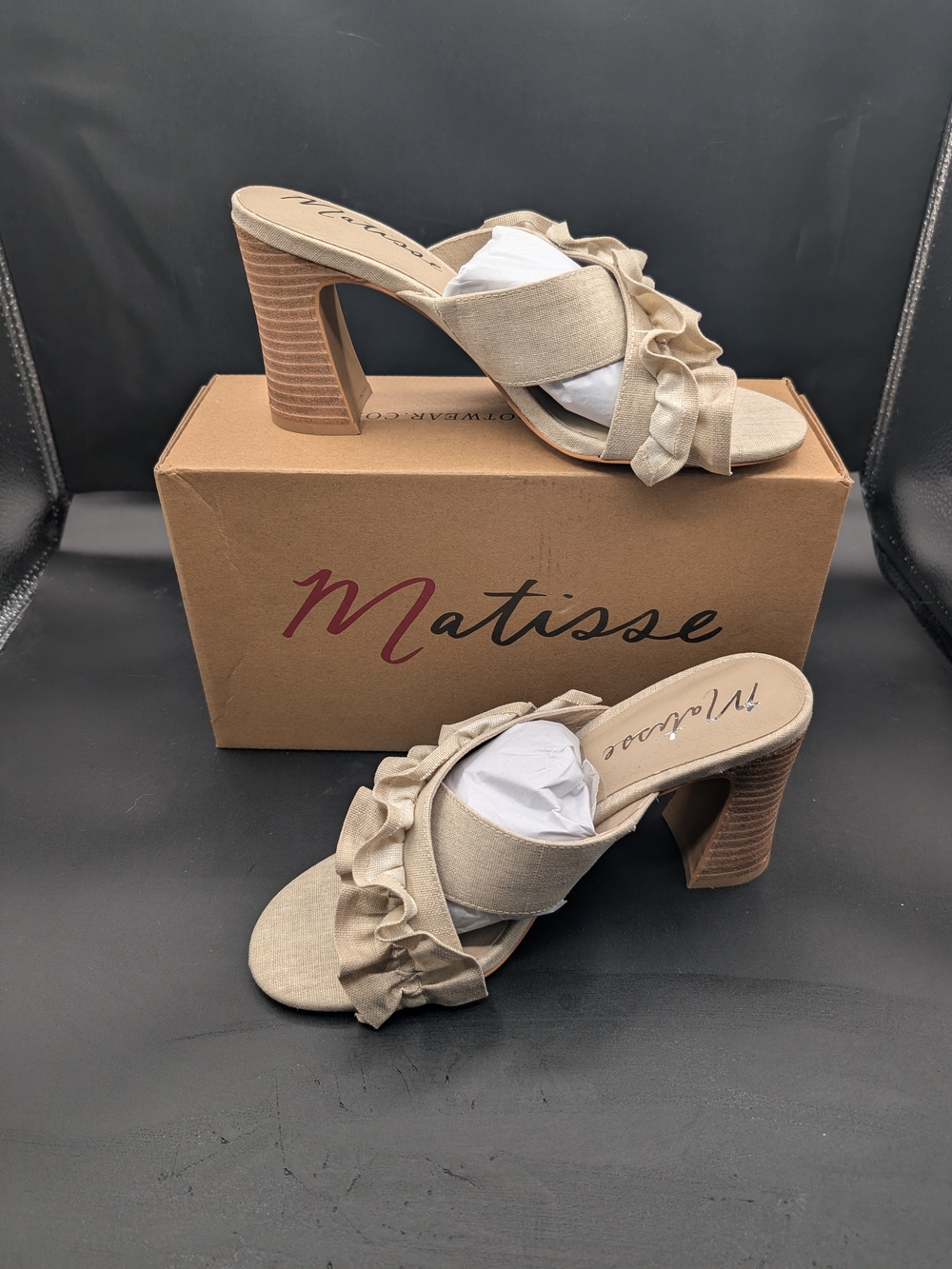 Matisse Neutral Ruffle Slide Heels in Beige